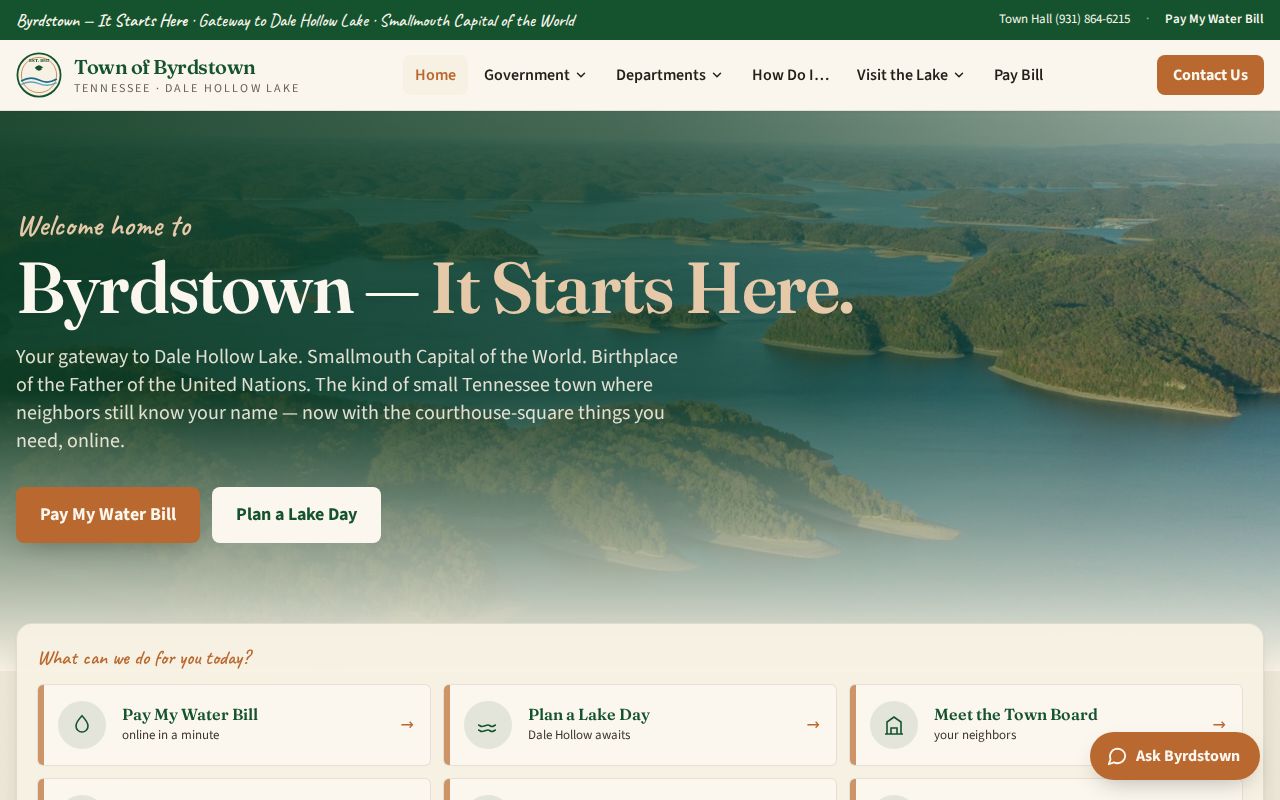 Official Byrdstown Town Hall page with address hours and accessibility information