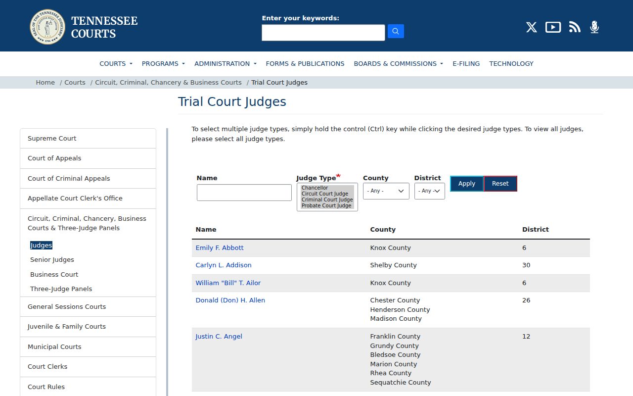 Official Tennessee trial judge directory for Pickett County criminal court routing