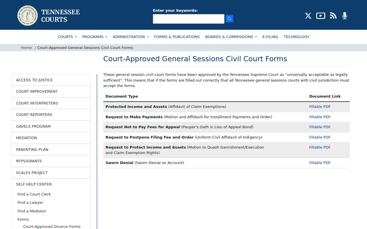 Tennessee approved General Sessions civil court forms page used for Pickett County routing