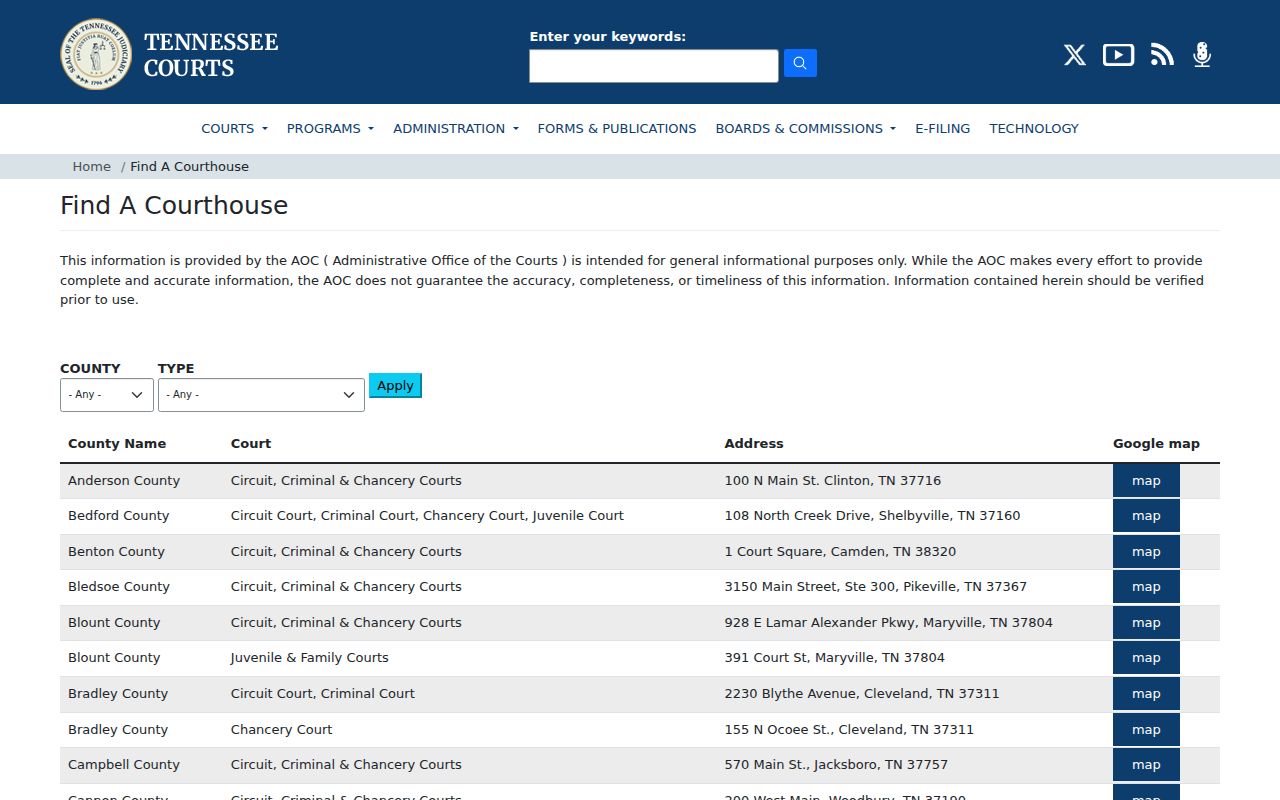 Tennessee AOC courthouse directory used to locate the Pickett County Courthouse