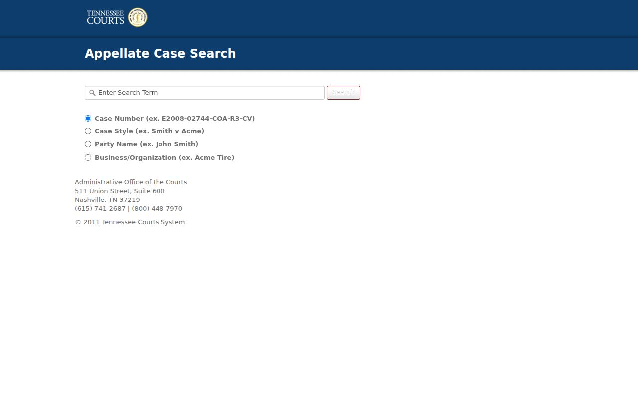Tennessee Public Case History form with four appellate search modes