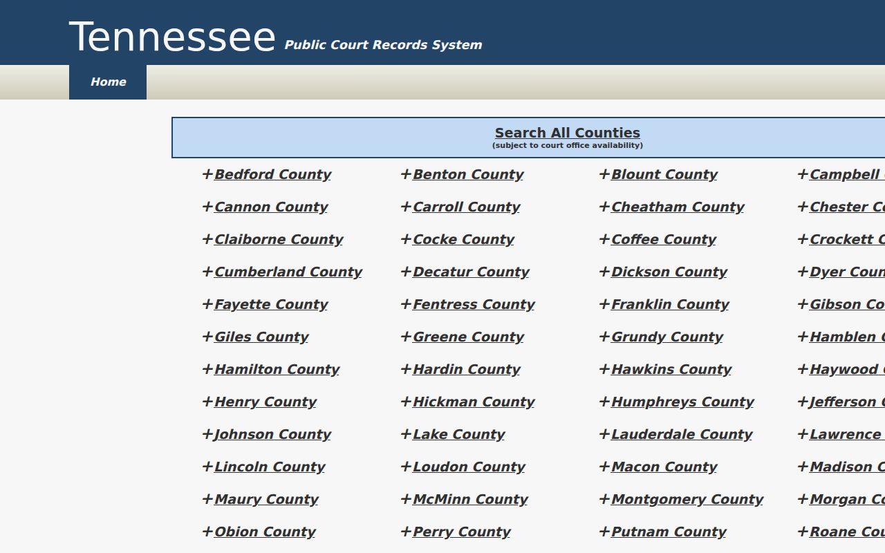 Tennessee public court records menu without Pickett County in the visible participating list